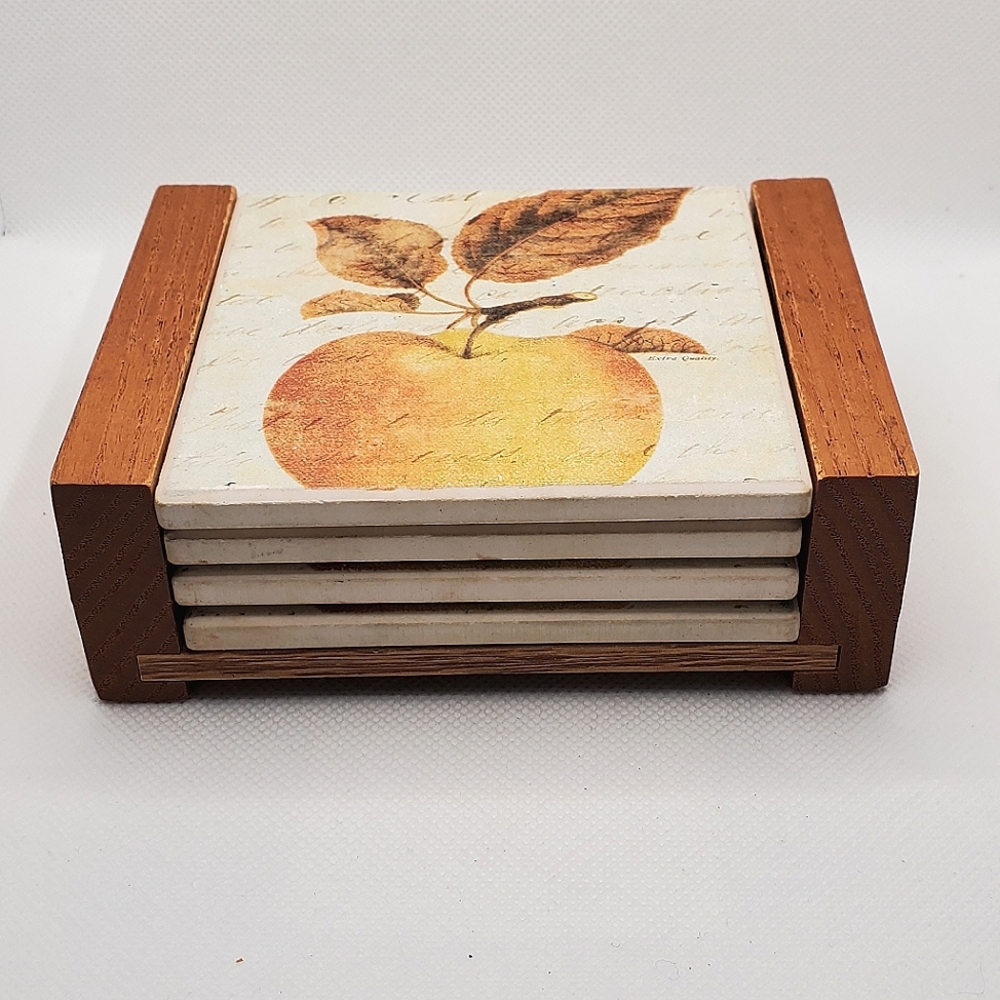 Vintage Tile Coaster Set-4 PK with Holder